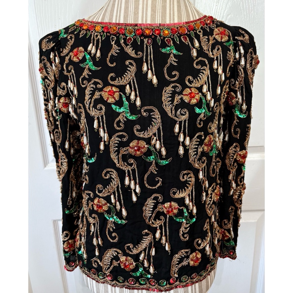Vtg Concetta Rafanello for St. Martin Sequin Beaded Blouse Glam Art Deco MED